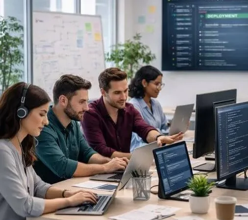A diverse group of software engineering professionals collaborating over code